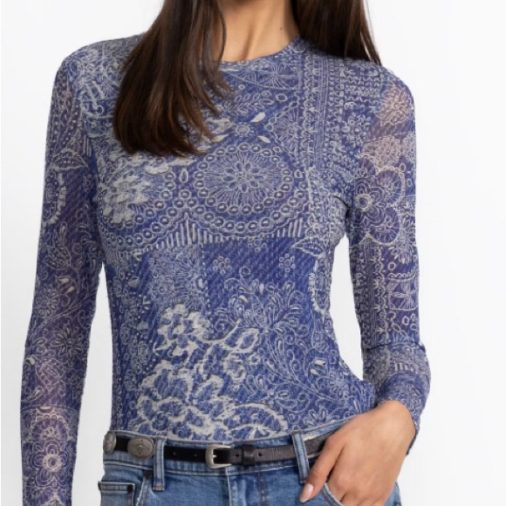 Johnny Was Blue Fitted Long Sleeve Bodysuit